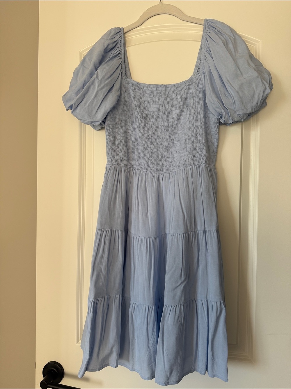 Light Blue Puff Sleeve Smocked Tiered Dress